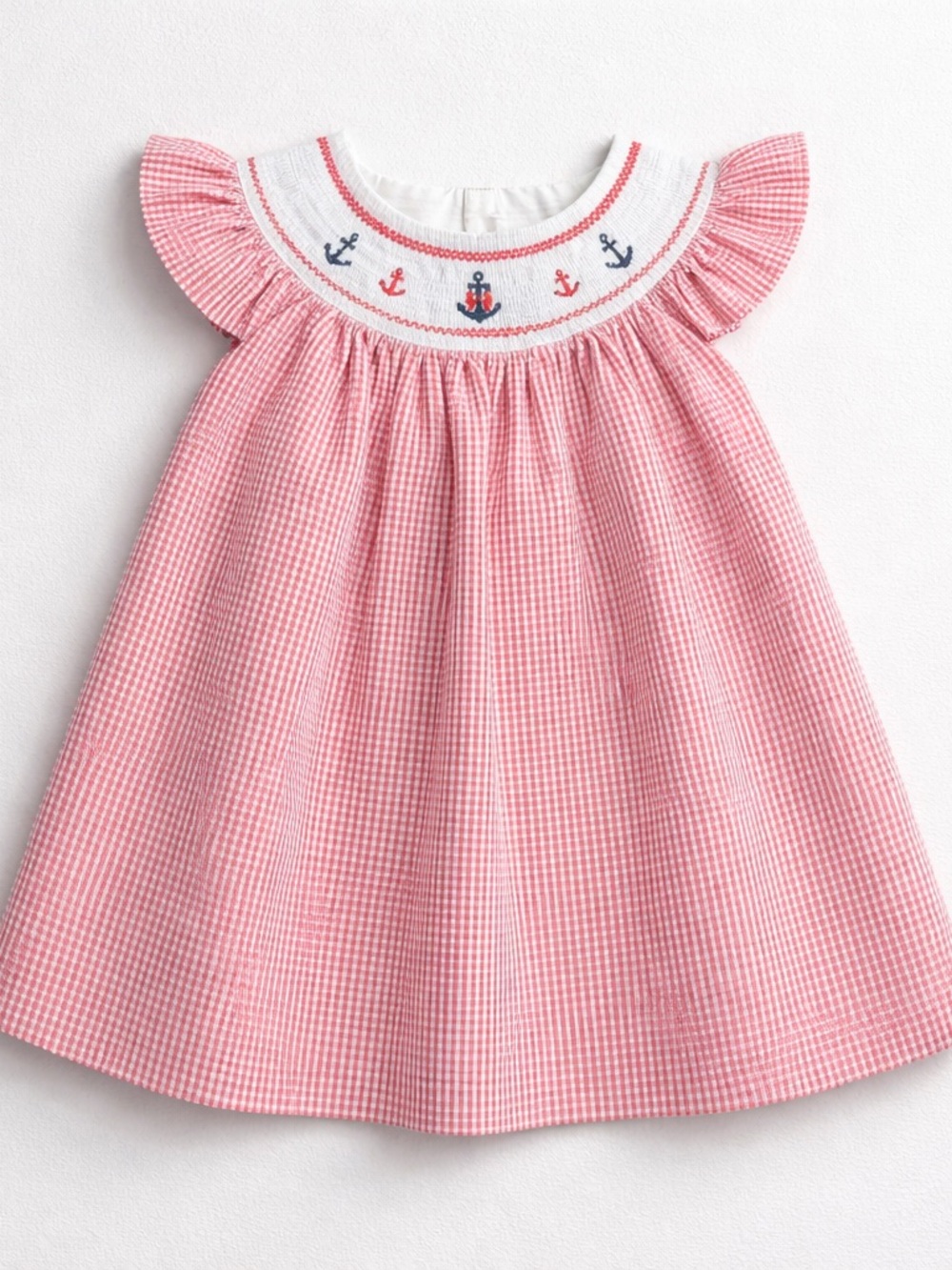 Good Lad Red and white stripe sear suckers smocked anchor embroidered dress 18m